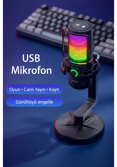 Exenar - Siyah - Condenser Yayıncı Mikrofonu Profesyonel Rgb Pc/ps4/ps5 Gamer Oyuncu Tiktok Youtube İnstagram Mikrofon