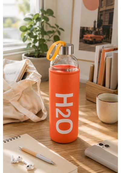 H2o Sağlıklı Cam Matara 1000 Ml Su Şişesi, Pastel Renk Kılıflı 1 Lt Sporcu Suluğu Turuncu