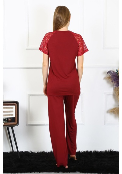 Akbeniz Kadın Kolu Dantelli Penye Pijama Takım 4152 - S Bordo