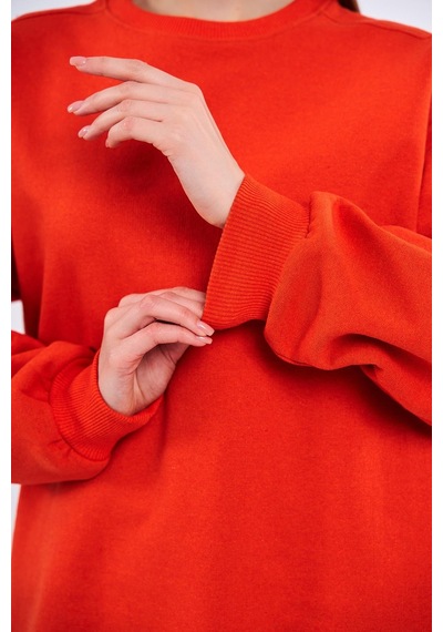 Mmetalic Turuncu Kadın Pamuklu Oversize Basic Bisiklet Yaka Sweatshirt 001