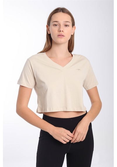 Maraton Sportswear Regular Kadın V Yaka Kısa Kol Basic Kil Rengi Crop Top 21236 Gri