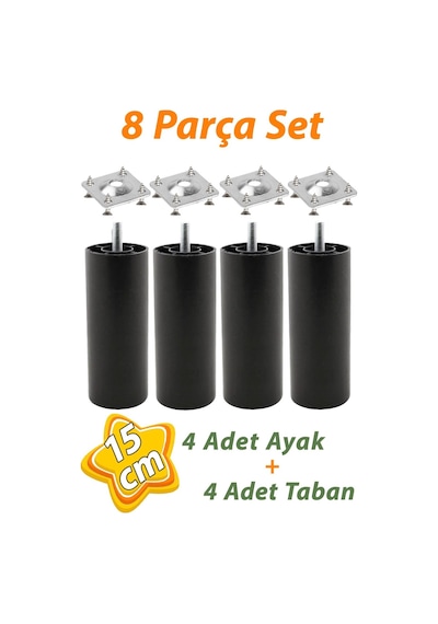 4 Adet Destek Ayağı 15 Cm Siyah Ve 4 Adet Düz Ayak Tabanı M8 Civatalı İnce Diş Mobilya Kanepe Baza Seti