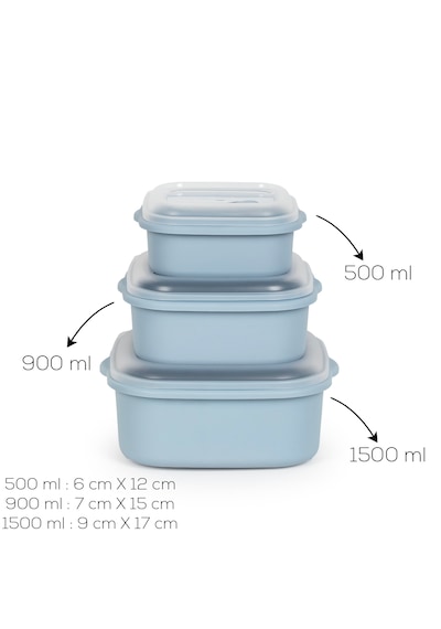 Porsima 5317 Kilitli Sızdırmaz Kapaklı Hava Tahliye Contalı Çok Amaçlı 3lü Kare Erzak Yiyecek Saklama Kabı Seti Mavi - 500-900-1500ml Mavi
