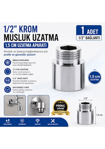 1/2" Krom Musluk Uzatma 1.5 Cm Pirinç Krom Kaplama Musluk Bağlantı Uzatma Aparatı 1 Adet Diğer