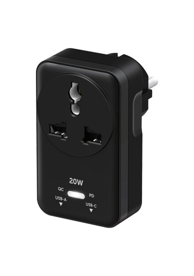 Hızlı Şarj Özellikli, Akım Korumalı 20w Pd Hızlı Şarjlı Universal Priz Dönüştürücü, 2500w Akım Korumalı, Usb-c Ve Usb-a Çıkışlı, Tüm Ülke Fişleri Uyumlu Siyah