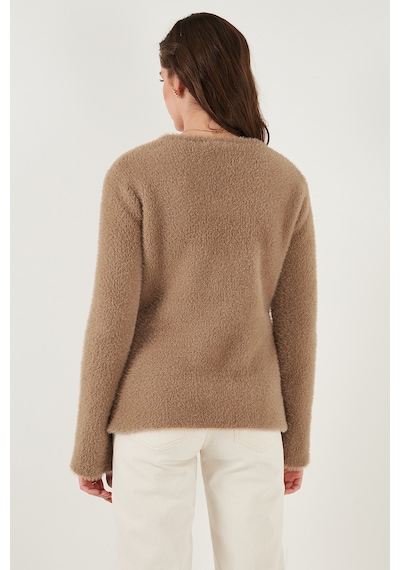 Lela Premium Regular Fit V Yaka Çift Kemerli Peluş Bayan Hırka 680Hi00112 Vizon