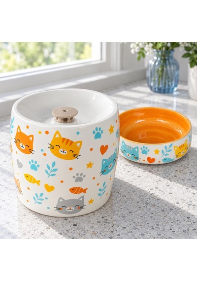 Kedi Porselen Su Pınarı Ve Mama Kabı 2'li Set Otomatik Filtreli Pompalı Seramik Su Sebili, 1.3 L, 600 Ml Kase, Led Işıklı, Sari-kedi