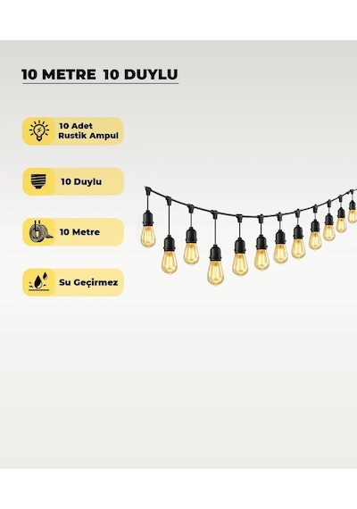 10 Metre 10 Duylu Dış Mekan Aydınlatma Seti Rustik Ampul Dahil, Su Geçirmez, E27 Organizasyon, Bahçe, Teras Işığı Siyah