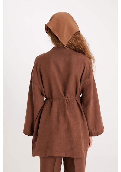 Defacto %100 Keten Regular Fit Bağcıklı Uzun Kollu Tesettür Gömlek Tunik D4394AX24HS Kahve