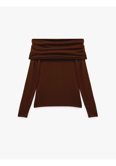 Koton Slim Fit Uzun Kollu Drapeli Omzu Açık Tişört Kahverengi 6wak80032ek Kahve