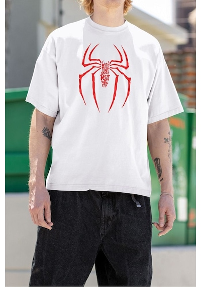 Havalı Spider-man Logo Baskılı Unisex Oversize Tişört Beyaz