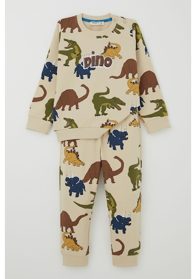 Breeze Erkek Çocuk Eşofman Takımı Kükreyen Dinozorlar Desenli 1.5-5 Yaş, Krem Krem