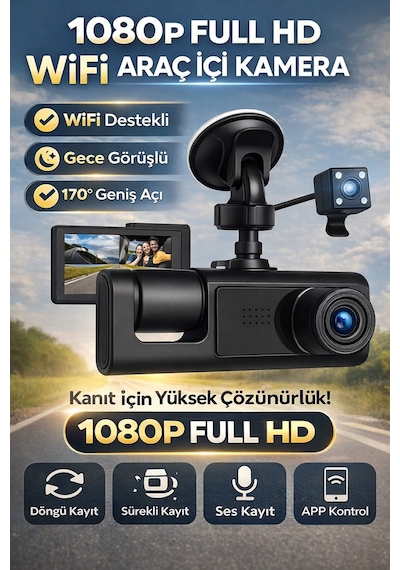 Full Hd Wifi Araç İçi Kamera 170 Geniş Açı Gece Görüşlü Dash Cam Park Modu Döngü Kayıt