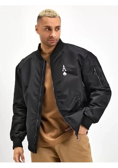 Hazego Unisex Uzun Kol Baskılı Bomber Ceket - Siyah