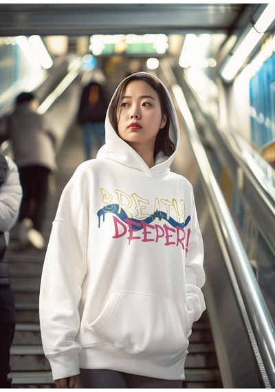 Breath Deeper Yazılı Unisex Oversize Tasarım Hoodie Beyaz