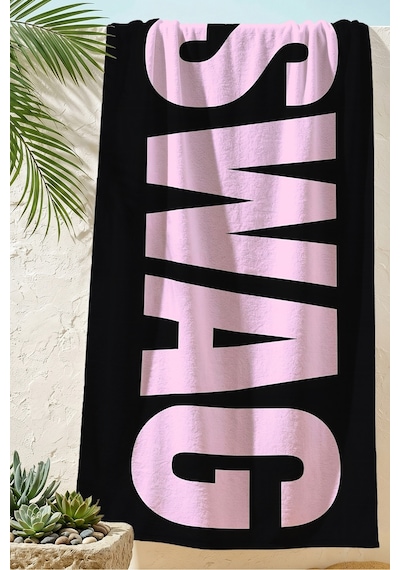 Siyah Pembe Sag Yazı Temalı Plaj Havlusu - Modern Tipografik Tasarım Hızlı Kuruyan Mikrofiber Havlu Mat Rüyası