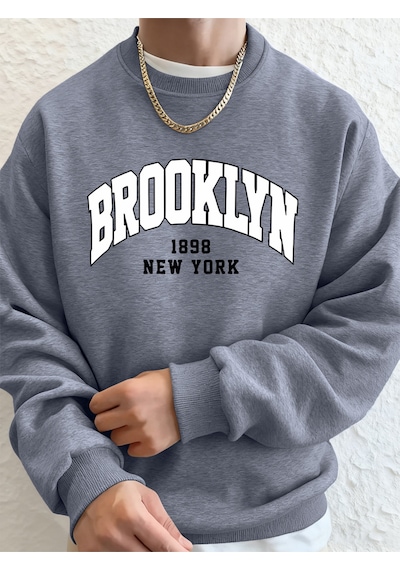 Startmore Startmorebrooklyn 1898 New York Prints Erkek Kapüşonlu Üst Sonbahar Bisiklet Yaka Tişörtü Temel Polar Gri