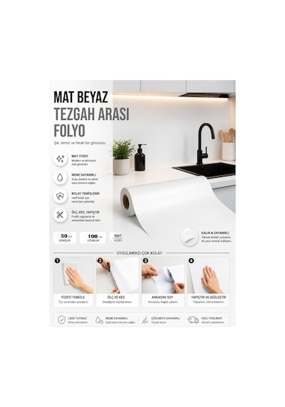 Mat Beyaz 50x100 Yapışkanlı Folyo Mutfak Dolap Ve Mobilya Kaplama Folyosu