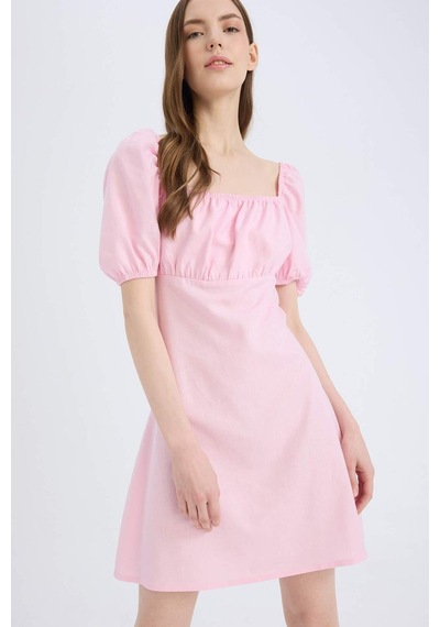 Defacto Kare Yaka Keten Karışımlı Kısa Kollu Mini Elbise D8272ax25smpn663 Pembe-pn663