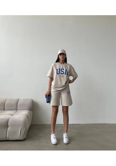 Usa T-shirt Şort - Alt Üst Takım Şort Tişört Kombin Baskılı Bisiklet Yaka Bej