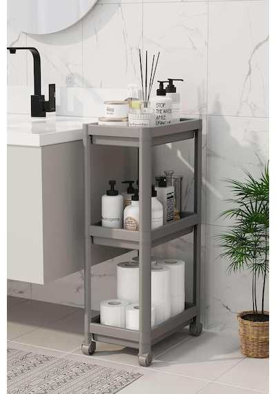 3 Katlı Tekerlekli Raf Ünitesi - Banyo & Mutfak Organizer - Çok Amaçlı Servis Sehpası - Dar Alanlar İçin Pratik Saklama Çözümü Gri