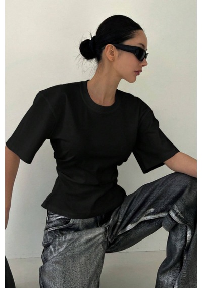Kadın Siyah Kısa Kollu Sırt Dekolteli Slim Fit Bluz/t-shirt Siyah