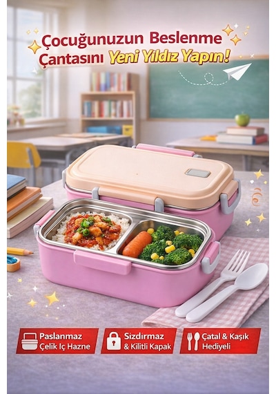 Pembe Benmarili Paslanmaz Çelik Yemek Kabı 2 Bölmeli Beslenme Kabı Saklama Kabı Lunch Box Diğer