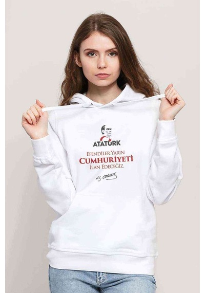 29 Ekim Cumhuriyetin Ilanı Baskılı Beyaz Kadın Kapşonlu Sweatshi