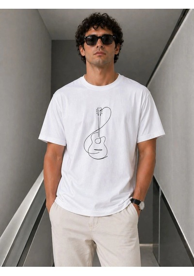 Barlashive Erkek Minimal Gitar Baskılı Tişört T-shirt Yazlık Kısa Kol Bisiklet Yaka T-shirt - Beyaz Çok Renkli