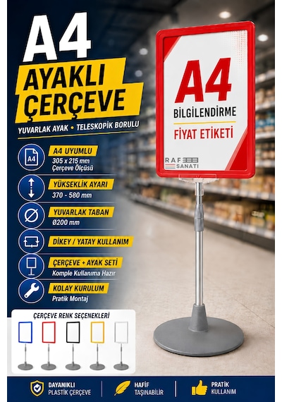 A4 Ayaklı Çerçeve Seti Yuvarlak Tabanlı Teleskopik Fiyat Etiketi Standı Kırmızı