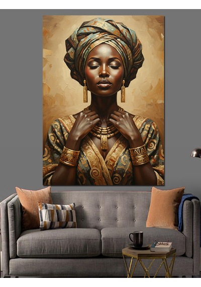Ahşap Tablo Başlıklı Altın Takılı Afrikalı Kadın