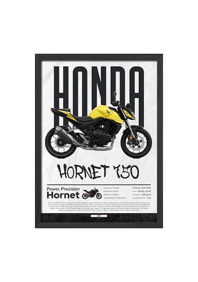 Honda Hornet 750 Siyah Ahşap Çerçeveli Poster, Dekoratif Motosiklet Duvar Tablosu