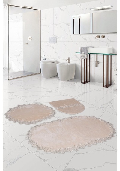 Bonny Home Venüs Vizon 3'lü Dantelli Banyo Paspası Seti Çeyizlik Pudra