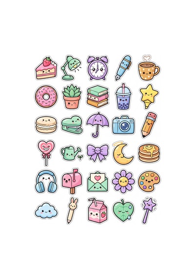 30 Adet Sevimli Eşyalar Sticker Seti Çilekli Pasta, Puantiyeli Kahve Kupası, Yaban Mersinli Boba Çayı - Laptop Defter Çok Renkli