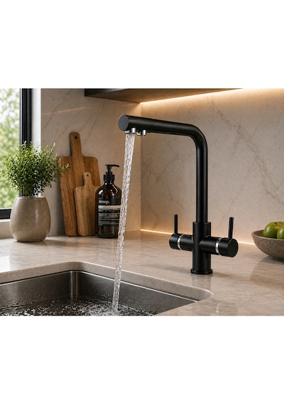 Lüx 2'li Set Krom Sabit Lavabo Bataryası Ve 3 Yollu Arıtma Musluğu Mutfak Bataryası Çeşmesi Musluğu Krom-siyah