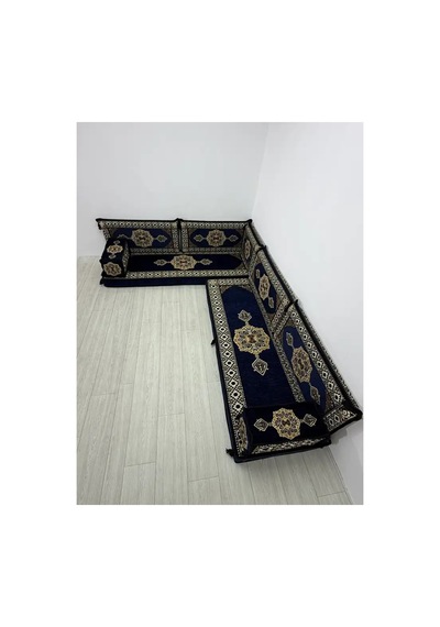 Güneş Modeli Lacivert Otantik Şark Köşesi Takımı L Set - Geleneksel Yer Minderi Seti 10 Cm Minder Kalınlığı 9 Parça