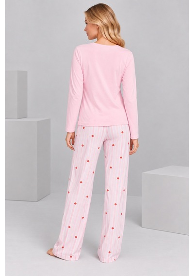 Pijamask Kadın Pembe Çilek Reçeli Baskılı Çizgili Bol Paça Pamuklu Pijama Takımı Pudra