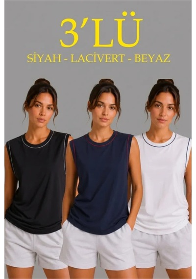 Butik İstanbul 3 Lü Kolsuz Sporcu Atlet Seti Yazlık Bisiklet Yaka - Siyah, Lacivert, Beyaz Çok Renkli