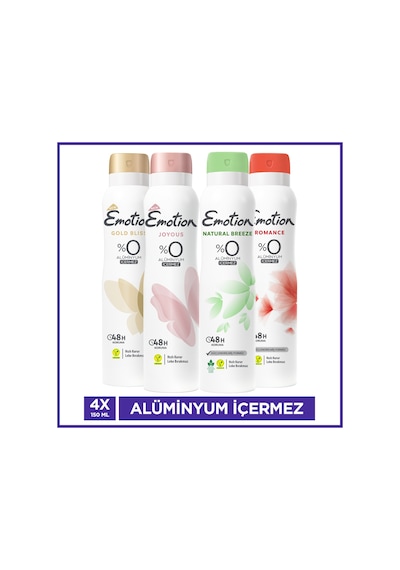Emotion Kadın Vegan Deodorant 4x150 Ml Romance,breeze, Gold Bliss & Joyous Hızlı Kurur, Leke Bırakmaz
