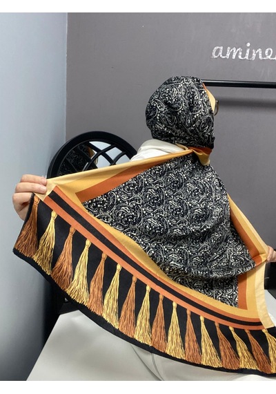 Aminenesil Cardion Premium Etnik Desen Şal Sarı Siyah Renk Siyah Sarı