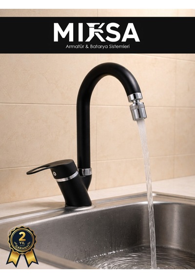 Siyah-krom Baston Borulu Oynar Başlıklı Perlatörlü Banyo Lavabo Bataryası, Çiftsugirişli