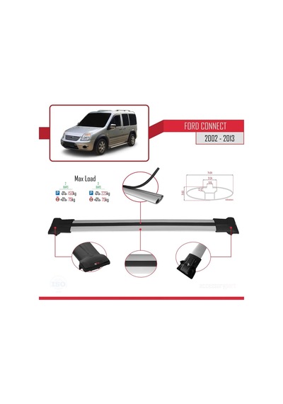 Ford Connect 2002-2013 Arası İle Uyumlu Fly Model Ara Atkı Tavan Barı Gri