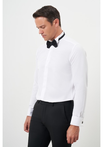 Morven Erkek Beyaz Manşetlii Jakar Desen Ata Yaka Slim Fit Gömlek Beyaz