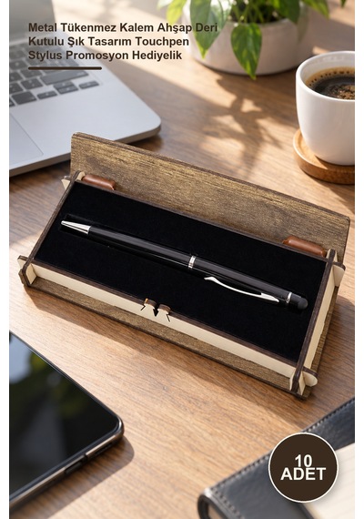 10 Adet Siyah Dokunmatik Kalem Metal Tükenmez Kalem Ahşap Deri Kutulu Şık Tasarım Touchpen Stylus Promosyon Hediyelik -