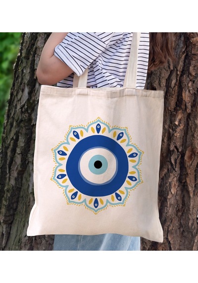 Bk Gift Nazar Boncuğu Tasarımlı Kanvas Bez Çanta, Baskılı Omuz Çantası, Alışveriş Çantası, Plaj Çantası, Arkadaşa Hediye-1 Sarı