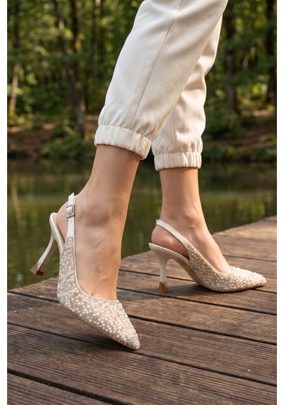FLORİN Sedef Taş İşlemeli Bilek Bantlı Sivri Burunlu Kadın Abiye Ayakkabı 022