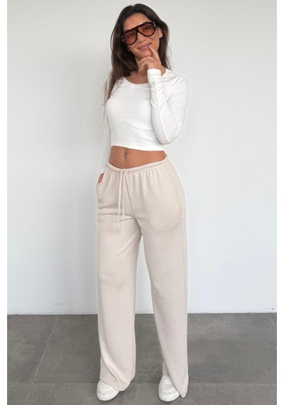 Bej Geniş Paça Barrel Fit Eşofman Altı Mg2646 Bej