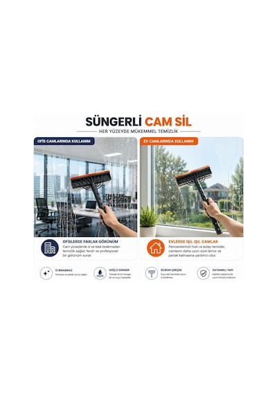 Süngerli Cam Sil Çift Taraflı Silikon Çekçekli Cam Temizleme Aparatı İz Bırakmayan Cam, Ayna, Duşakabin Ve Araç Camı Temizleyici Cam Silme Mopu Çek Pas