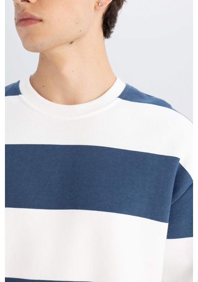 Defacto Boxy Fit Bisiklet Yaka Çizgili Sweatshirt A9066AX24AUBE88 Mavi