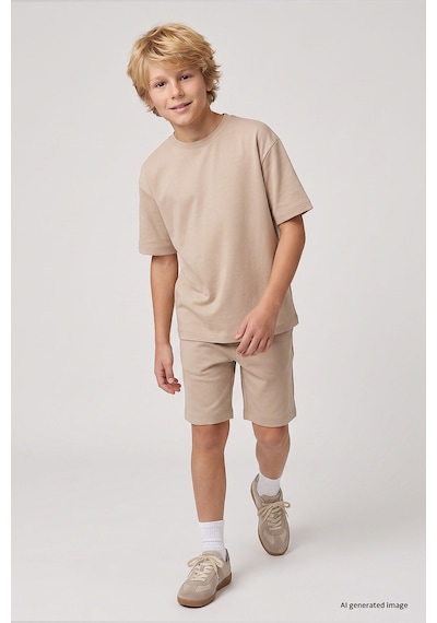 TOMMYLIFE Bej Oversize Fit Basic Erkek Çocuk Şort Takım - 11335